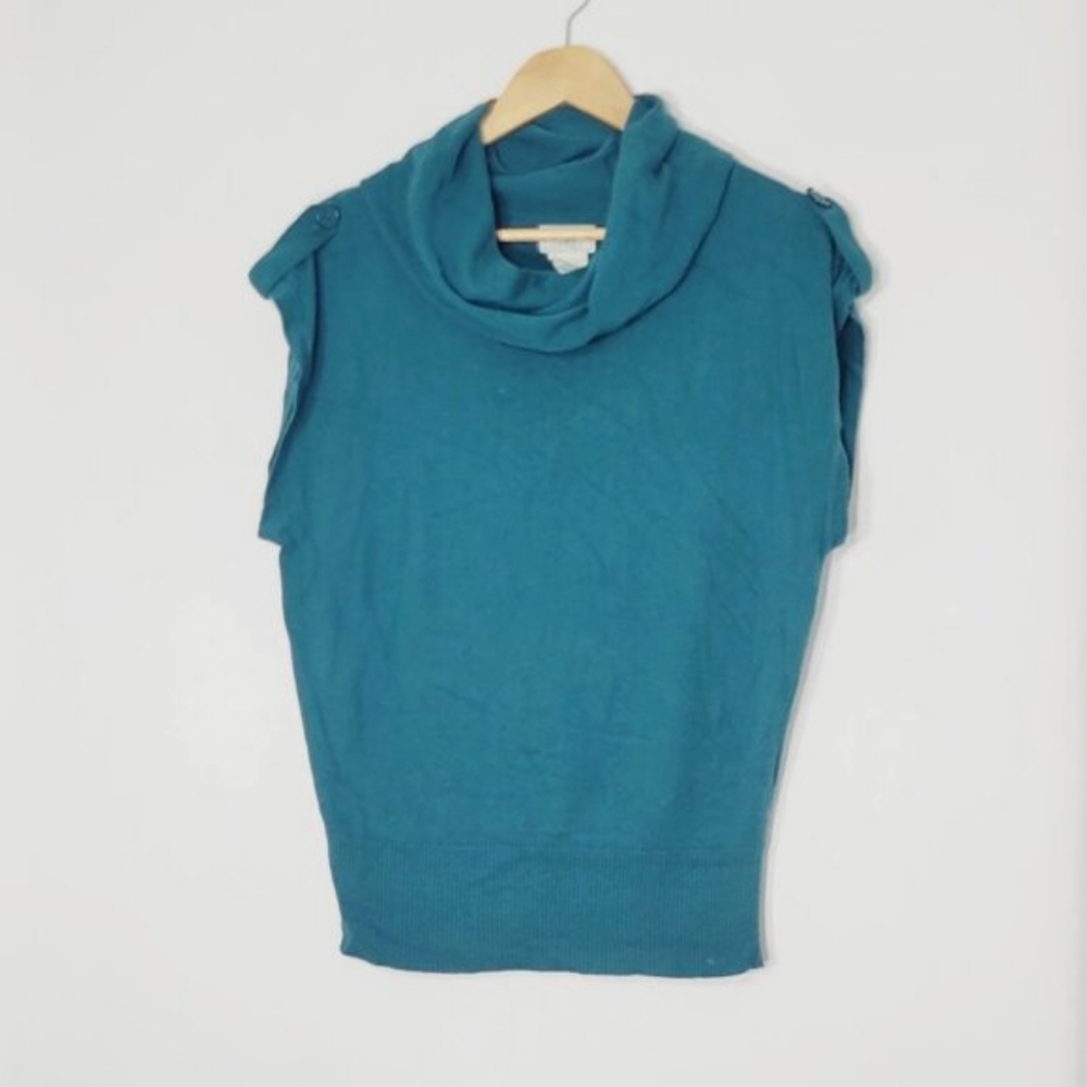 725 Originals Vintage Green Teal Cotton Blend Ribbed Knit Cap Cowlneck Sweater
